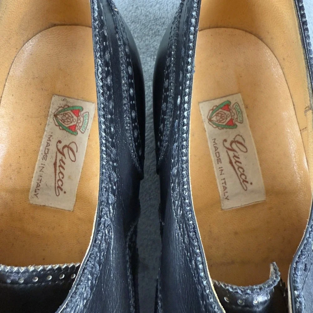 VTG Gucci Men's Black Leather Wingtip Brogue Oxford‎ Shoes Made in IT Sz 41.5 D